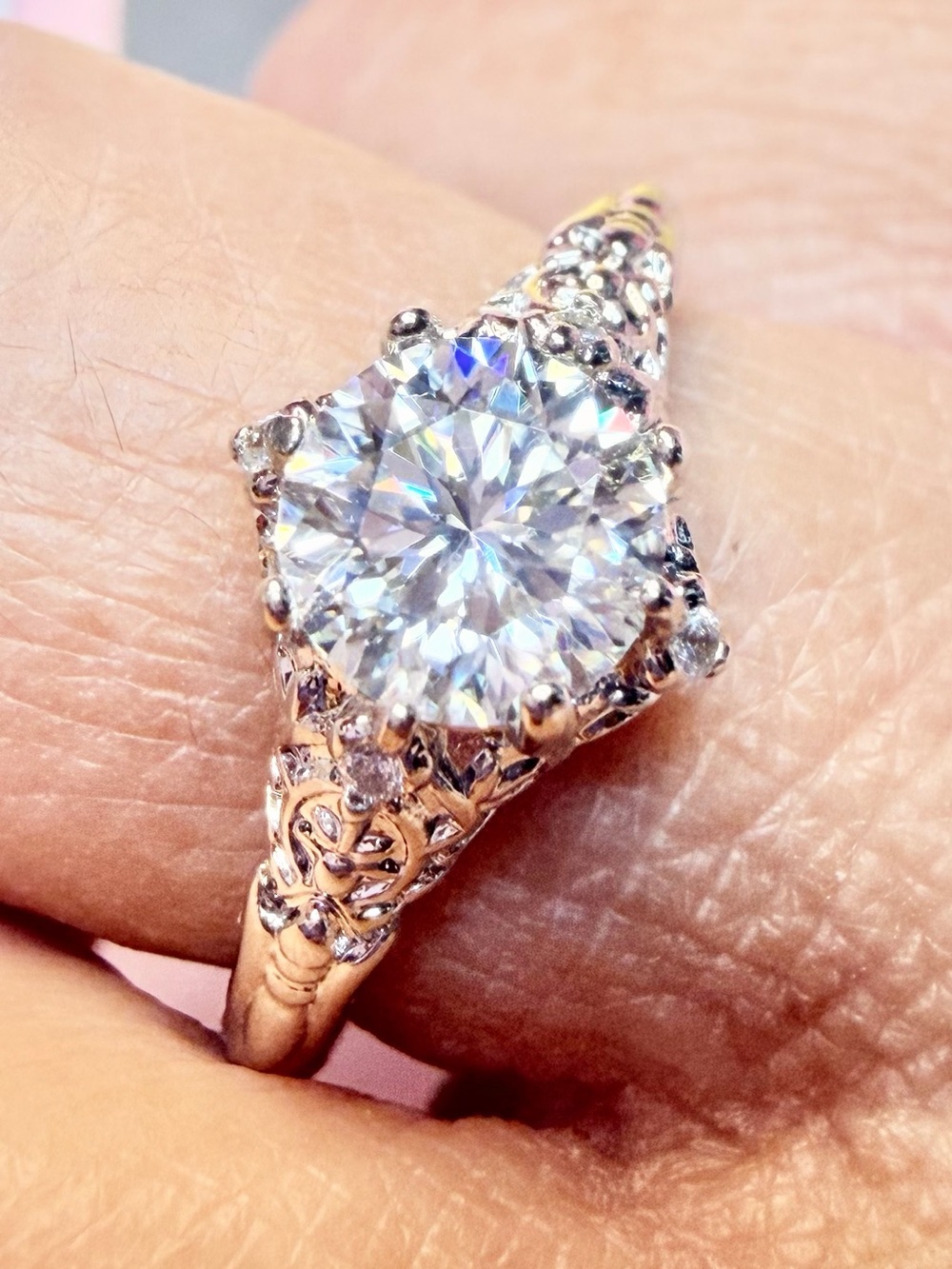 Unique Solitare with Detailed Filigre Band
 1 Carat Moissanite New Size 7